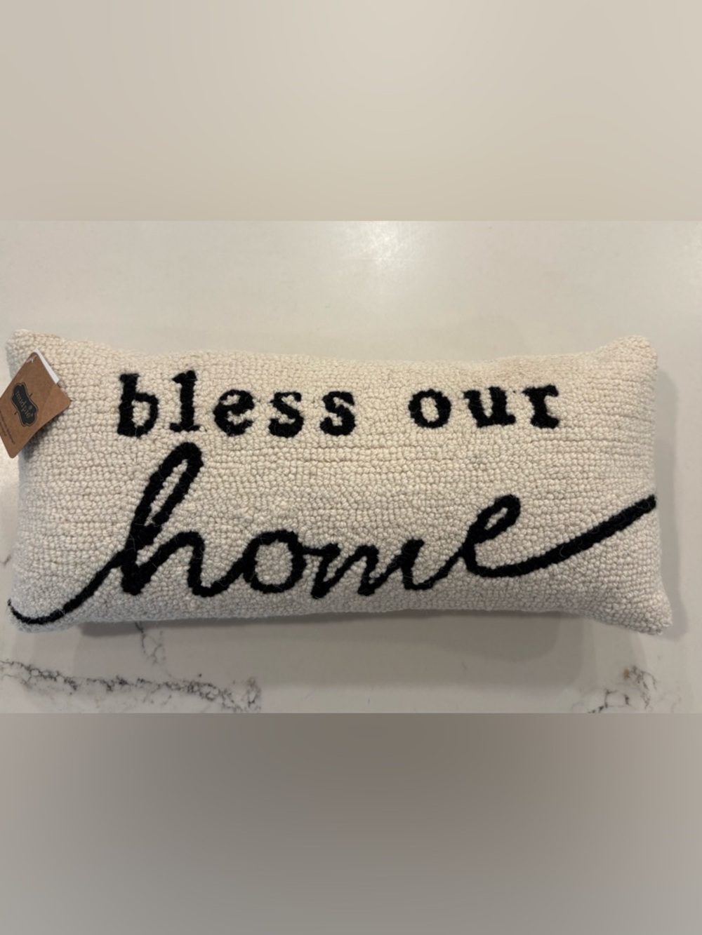 Mud Pie Bless Our Home Cream and Black Wool Hook Accent Throw Pillow 18x8 NWT